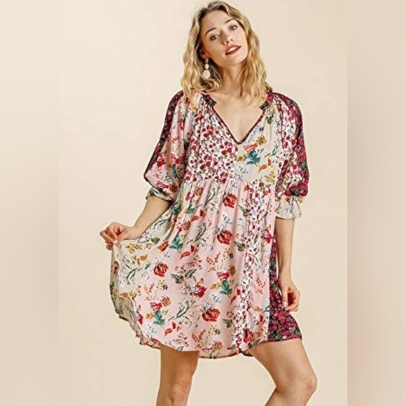Umgee USA Boho Patchwork Floral Peasant Dress – Size Large - Picture 1 of 14